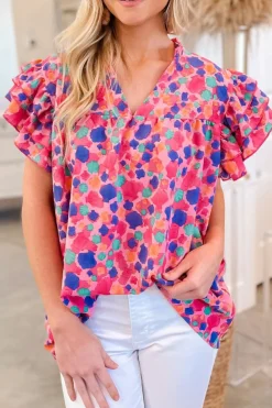 Hot Dear-Lover Abstract Print Ruffled Sleeve V Neck Blouse Rose Red