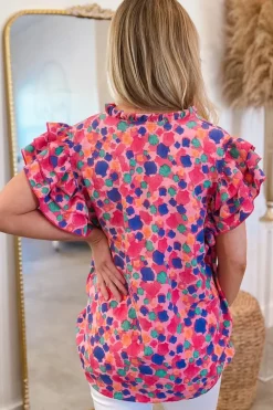 Hot Dear-Lover Abstract Print Ruffled Sleeve V Neck Blouse Rose Red