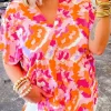 Clearance Dear-Lover Abstract Print V Neck Summer Blouse Rose Red