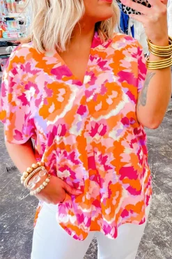 Clearance Dear-Lover Abstract Print V Neck Summer Blouse Rose Red