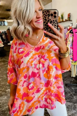 Clearance Dear-Lover Abstract Print V Neck Summer Blouse Rose Red