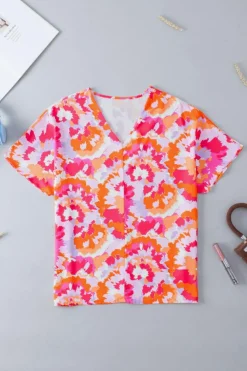 Clearance Dear-Lover Abstract Print V Neck Summer Blouse Rose Red