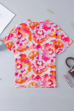 Clearance Dear-Lover Abstract Print V Neck Summer Blouse Rose Red