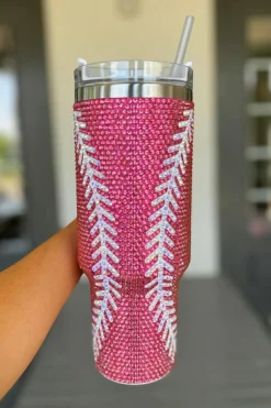 Online Dear-Lover Baseball Rhinestone 40 Oz Tumbler with Handle Rose Red