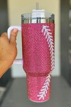 Online Dear-Lover Baseball Rhinestone 40 Oz Tumbler with Handle Rose Red