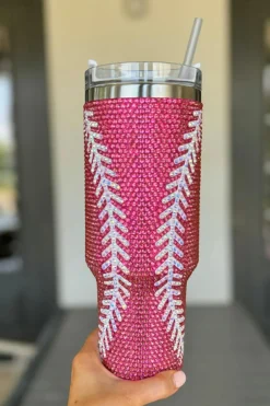 Online Dear-Lover Baseball Rhinestone 40 Oz Tumbler with Handle Rose Red