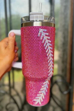 Online Dear-Lover Baseball Rhinestone 40 Oz Tumbler with Handle Rose Red