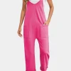 Hot Dear-Lover Black Pocketed Adjustable Spaghetti Strap Straight Leg Jumpsuit Rose Red