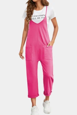 Hot Dear-Lover Black Pocketed Adjustable Spaghetti Strap Straight Leg Jumpsuit Rose Red