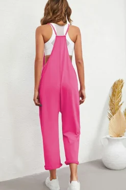 Hot Dear-Lover Black Pocketed Adjustable Spaghetti Strap Straight Leg Jumpsuit Rose Red