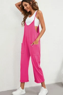 Hot Dear-Lover Black Pocketed Adjustable Spaghetti Strap Straight Leg Jumpsuit Rose Red
