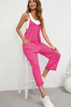 Hot Dear-Lover Black Pocketed Adjustable Spaghetti Strap Straight Leg Jumpsuit Rose Red