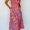 Hot Dear-Lover Boho Floral V Neck Ruffle Tiered Long Dress Rose Red