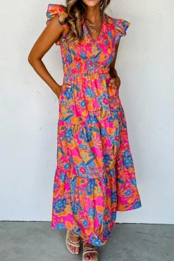 Hot Dear-Lover Boho Floral V Neck Ruffle Tiered Long Dress Rose Red