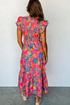 Hot Dear-Lover Boho Floral V Neck Ruffle Tiered Long Dress Rose Red