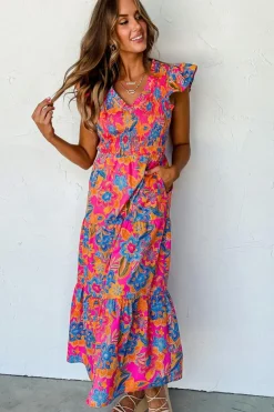 Hot Dear-Lover Boho Floral V Neck Ruffle Tiered Long Dress Rose Red