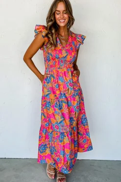 Hot Dear-Lover Boho Floral V Neck Ruffle Tiered Long Dress Rose Red