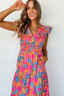 Hot Dear-Lover Boho Floral V Neck Ruffle Tiered Long Dress Rose Red