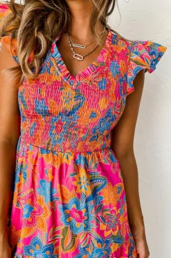 Hot Dear-Lover Boho Floral V Neck Ruffle Tiered Long Dress Rose Red