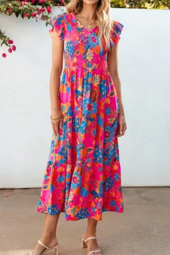Hot Dear-Lover Boho Floral V Neck Ruffle Tiered Long Dress Rose Red