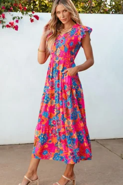 Hot Dear-Lover Boho Floral V Neck Ruffle Tiered Long Dress Rose Red