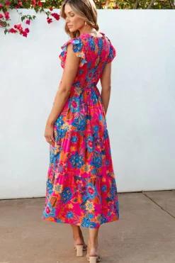 Hot Dear-Lover Boho Floral V Neck Ruffle Tiered Long Dress Rose Red