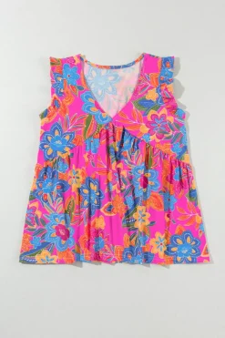 Clearance Dear-Lover Boho Pattern Print Flounce V Neck Tank Top Rose Red