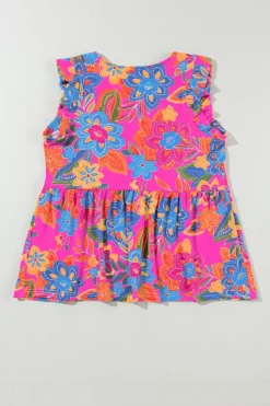 Clearance Dear-Lover Boho Pattern Print Flounce V Neck Tank Top Rose Red