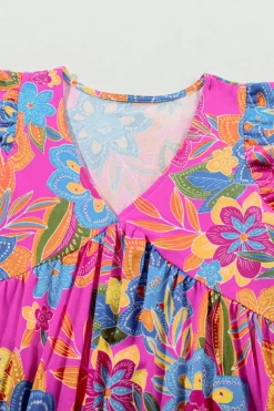 Clearance Dear-Lover Boho Pattern Print Flounce V Neck Tank Top Rose Red