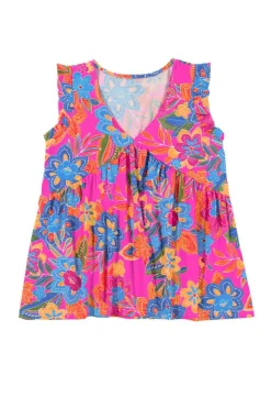 Clearance Dear-Lover Boho Pattern Print Flounce V Neck Tank Top Rose Red