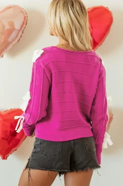 Clearance Dear-Lover Bow Knot Cut Out Round Neck Loose Sweater Rose Red