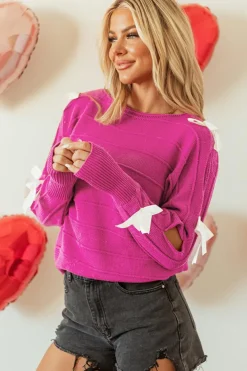 Clearance Dear-Lover Bow Knot Cut Out Round Neck Loose Sweater Rose Red