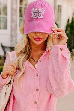 New Dear-Lover Bow Knot Patchwork Washed Adjustable Baseball Cap Rose Red