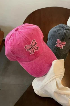 New Dear-Lover Bow Knot Patchwork Washed Adjustable Baseball Cap Rose Red