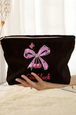 Fashion Dear-Lover Bow Knot Print Zipper Corduroy Large Cosmetic Bag Rose Red