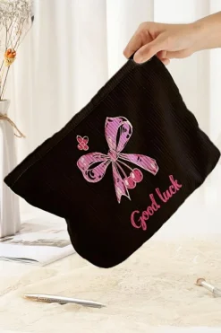 Fashion Dear-Lover Bow Knot Print Zipper Corduroy Large Cosmetic Bag Rose Red