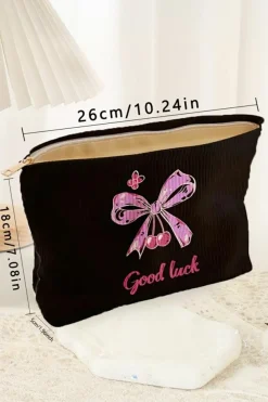 Fashion Dear-Lover Bow Knot Print Zipper Corduroy Large Cosmetic Bag Rose Red