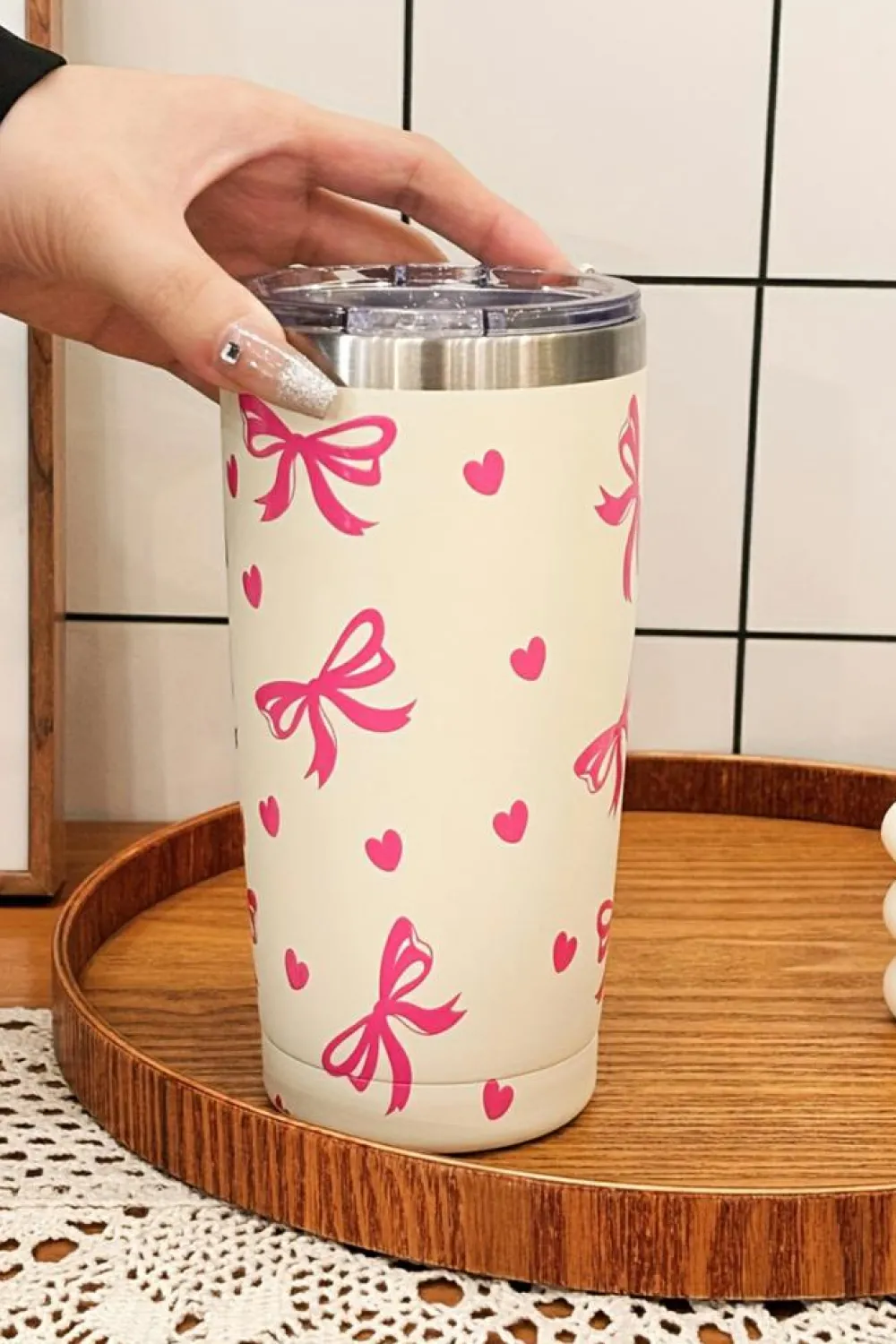 Best Dear-Lover Bows Hearts Printed Insulated Stainless Steel Cup Rose Red