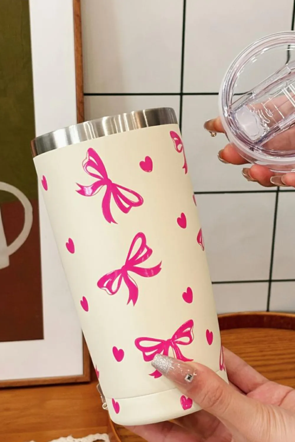 Best Dear-Lover Bows Hearts Printed Insulated Stainless Steel Cup Rose Red