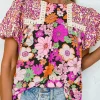 Best Dear-Lover Bubble Sleeve Lace Trim Floral Mixed Print Blouse Rose Red