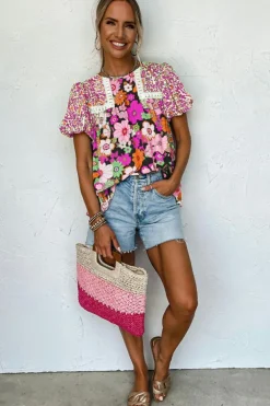 Best Dear-Lover Bubble Sleeve Lace Trim Floral Mixed Print Blouse Rose Red