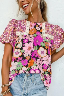 Best Dear-Lover Bubble Sleeve Lace Trim Floral Mixed Print Blouse Rose Red