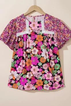 Best Dear-Lover Bubble Sleeve Lace Trim Floral Mixed Print Blouse Rose Red