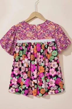 Best Dear-Lover Bubble Sleeve Lace Trim Floral Mixed Print Blouse Rose Red