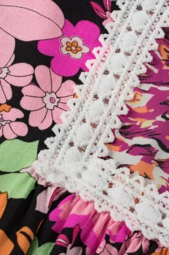Best Dear-Lover Bubble Sleeve Lace Trim Floral Mixed Print Blouse Rose Red