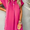 Clearance Dear-Lover Buttoned Collar Shift T-shirt Mini Dress Rose Red