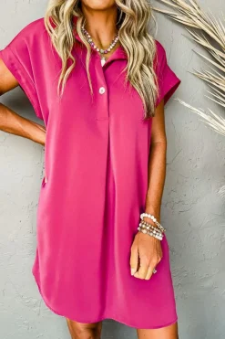Clearance Dear-Lover Buttoned Collar Shift T-shirt Mini Dress Rose Red
