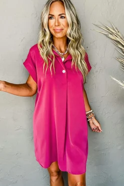 Clearance Dear-Lover Buttoned Collar Shift T-shirt Mini Dress Rose Red