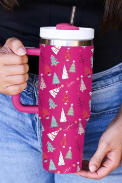 Best Dear-Lover Cartoon Christmas Tree Printed Thermos Cup 40oz Rose Red