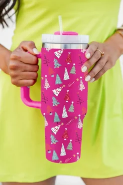 Best Dear-Lover Cartoon Christmas Tree Printed Thermos Cup 40oz Rose Red